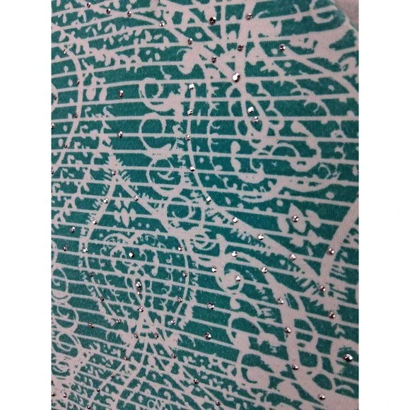 Karen Scott Top Womens XL Green Striped Paisley Rhinestone V-Neck Short Sleeve - Picture 2 of 6